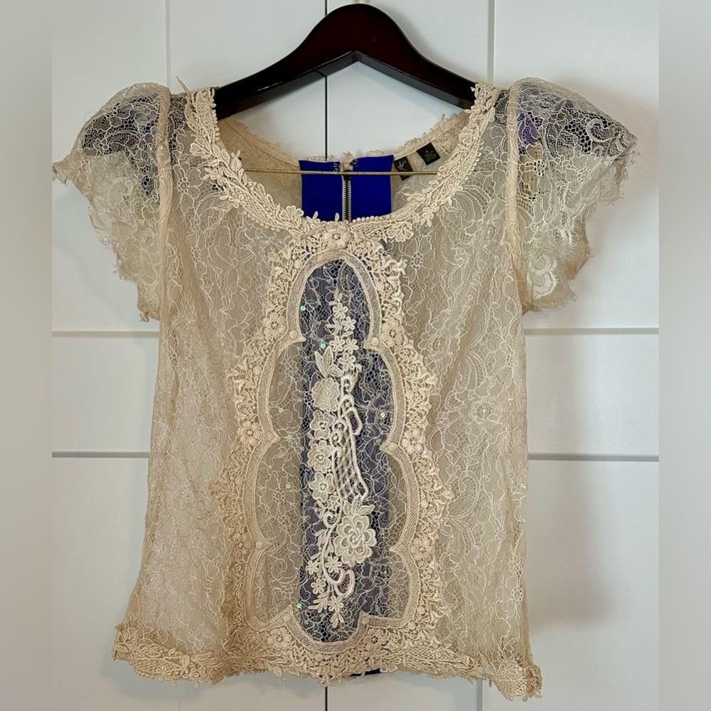 Anthropologie Fei Hidden Hue Cream Lace Sequined Blouse 4